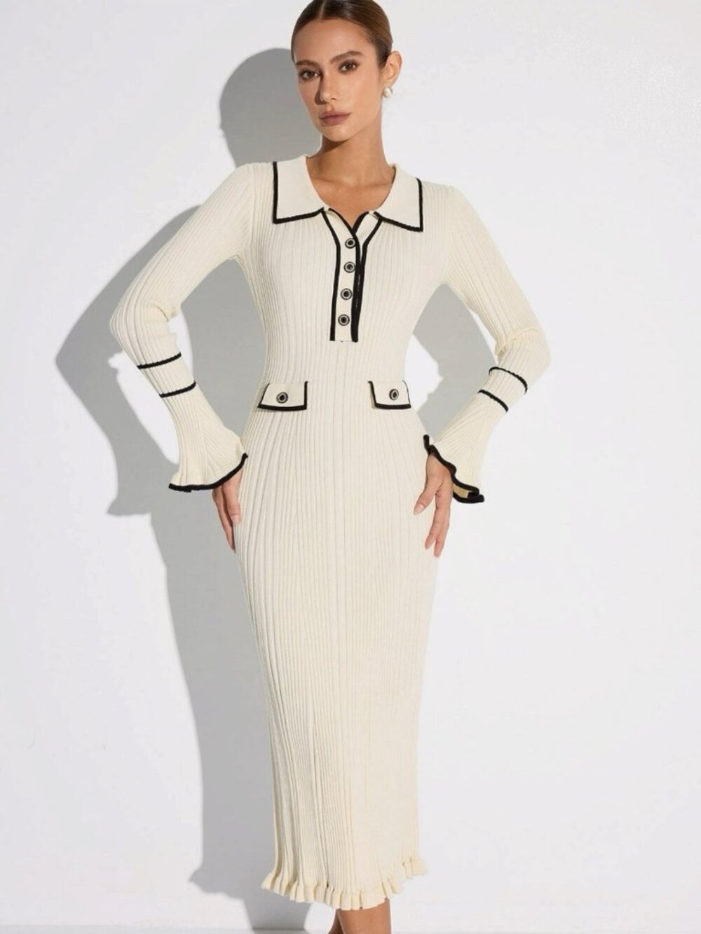 Women Rivir Rib-Knit Sheath Dress Size M L Cream Stretchy Long Sleeves Collared
